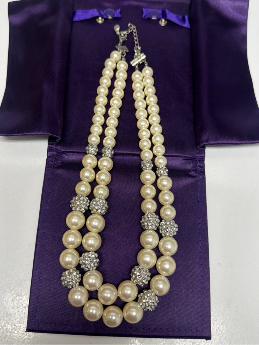 Classic Double-Strand Faux Pearl Necklace with Crystal Accent - Cream